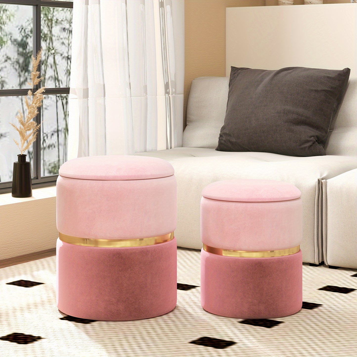 Poef – Zitzak – Hocker – Ottomaanse – Voetenbank – Set van 2 – Roze Velvet – Met Opbergruimte 32L & 21L