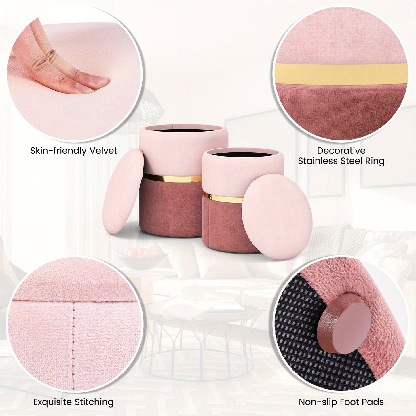 Poef – Zitzak – Hocker – Ottomaanse – Voetenbank – Set van 2 – Roze Velvet – Met Opbergruimte 32L & 21L