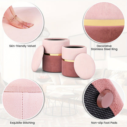Poef – Zitzak – Hocker – Ottomaanse – Voetenbank – Set van 2 – Roze Velvet – Met Opbergruimte 32L & 21L