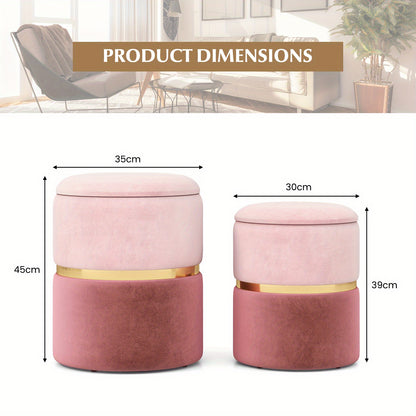 Poef – Zitzak – Hocker – Ottomaanse – Voetenbank – Set van 2 – Roze Velvet – Met Opbergruimte 32L & 21L