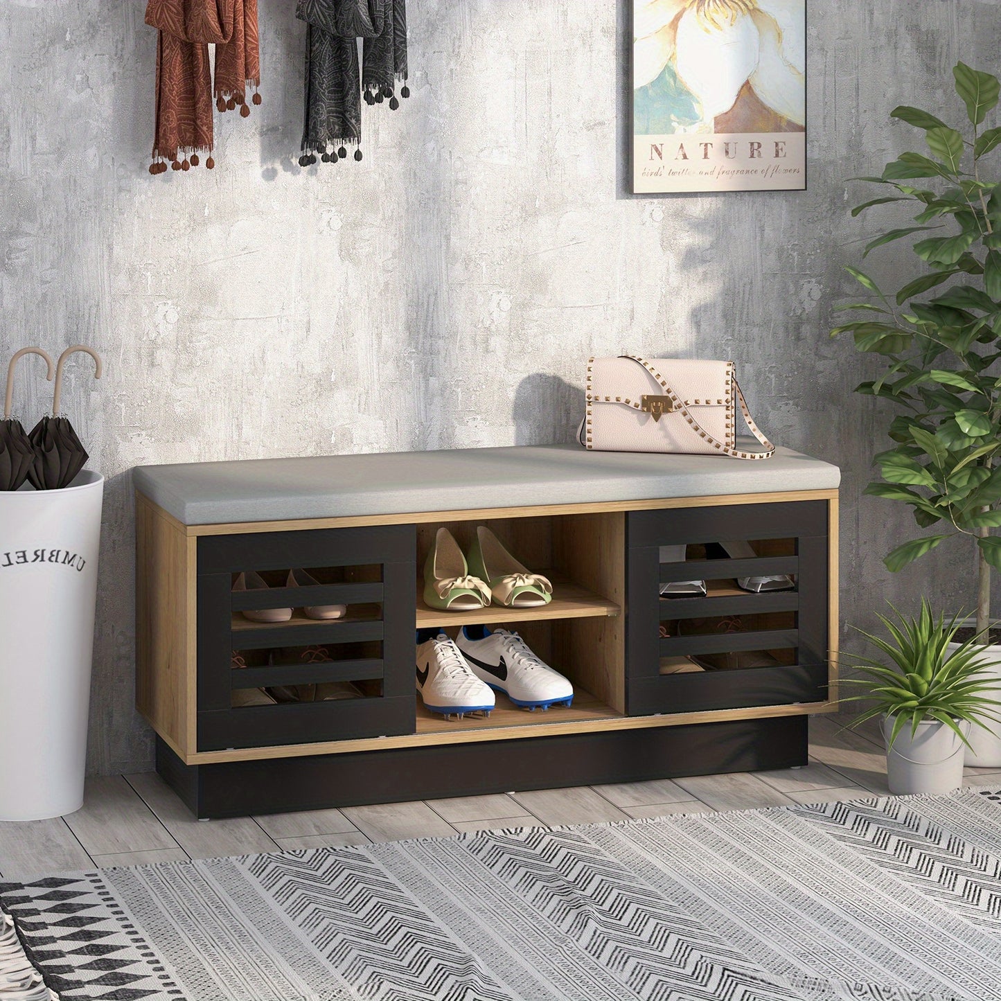 Schoenenrek – Schoenenbank – Schoenenkast – Schoenenopberger – Opbergbank – 6 Compartimenten – Zitkussen en Verstelbare Planken – Modern Grijs 99,5x34,5x46 cm