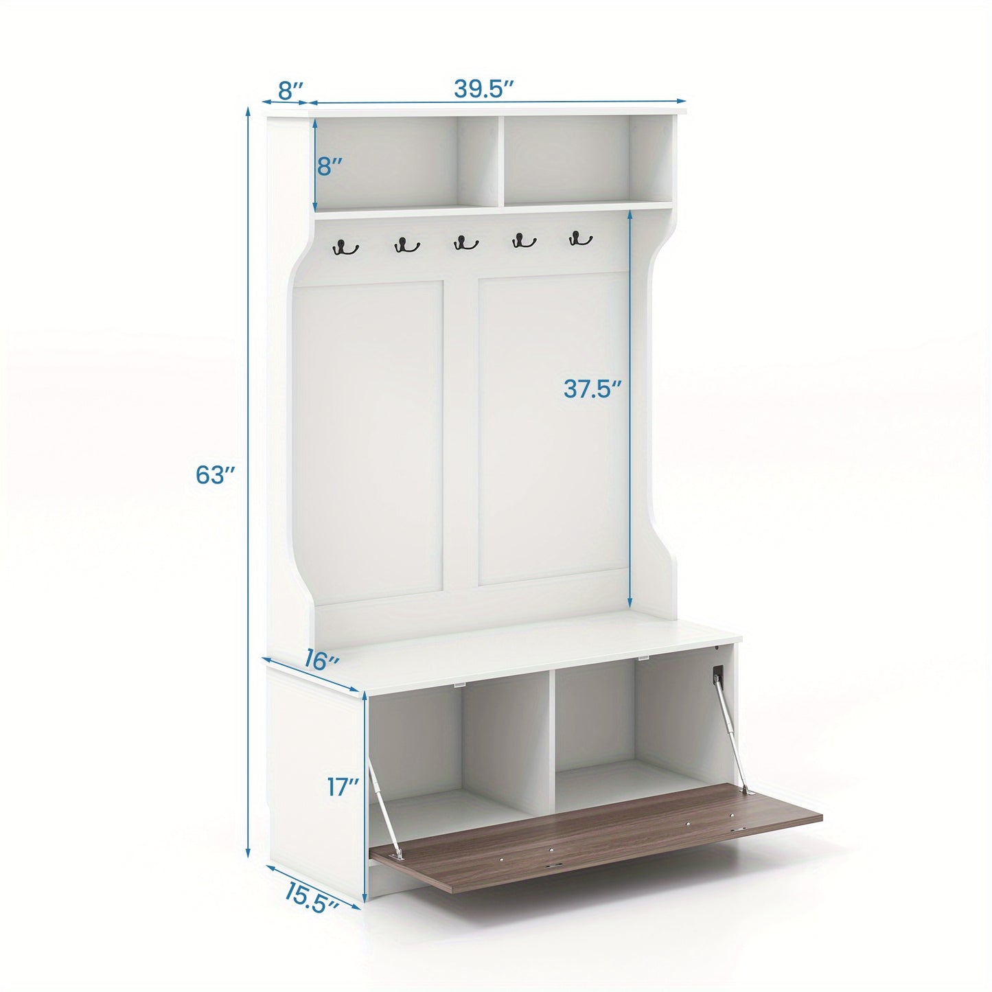 Halmeubel – Kapstok – Opbergmeubel – Schoenenbank – Gangmeubel – Wit MDF – 5 Dubbele Haken – Antislip Zitbank 90 kg