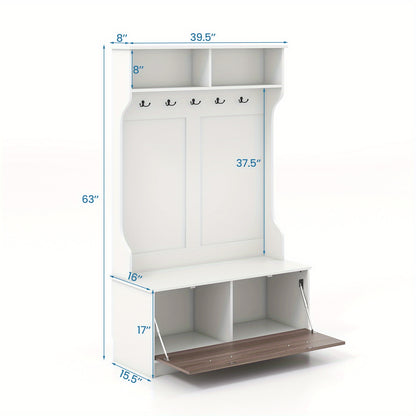 Halmeubel – Kapstok – Opbergmeubel – Schoenenbank – Gangmeubel – Wit MDF – 5 Dubbele Haken – Antislip Zitbank 90 kg