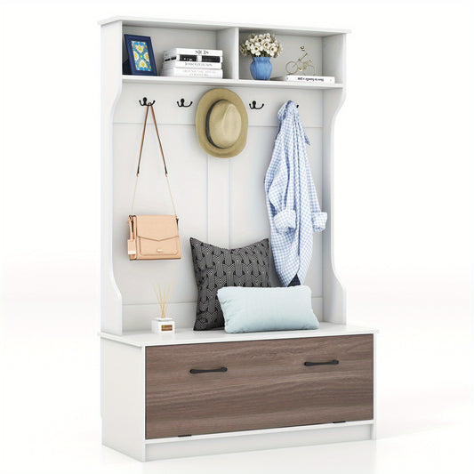 Halmeubel – Kapstok – Opbergmeubel – Schoenenbank – Gangmeubel – Wit MDF – 5 Dubbele Haken – Antislip Zitbank 90 kg