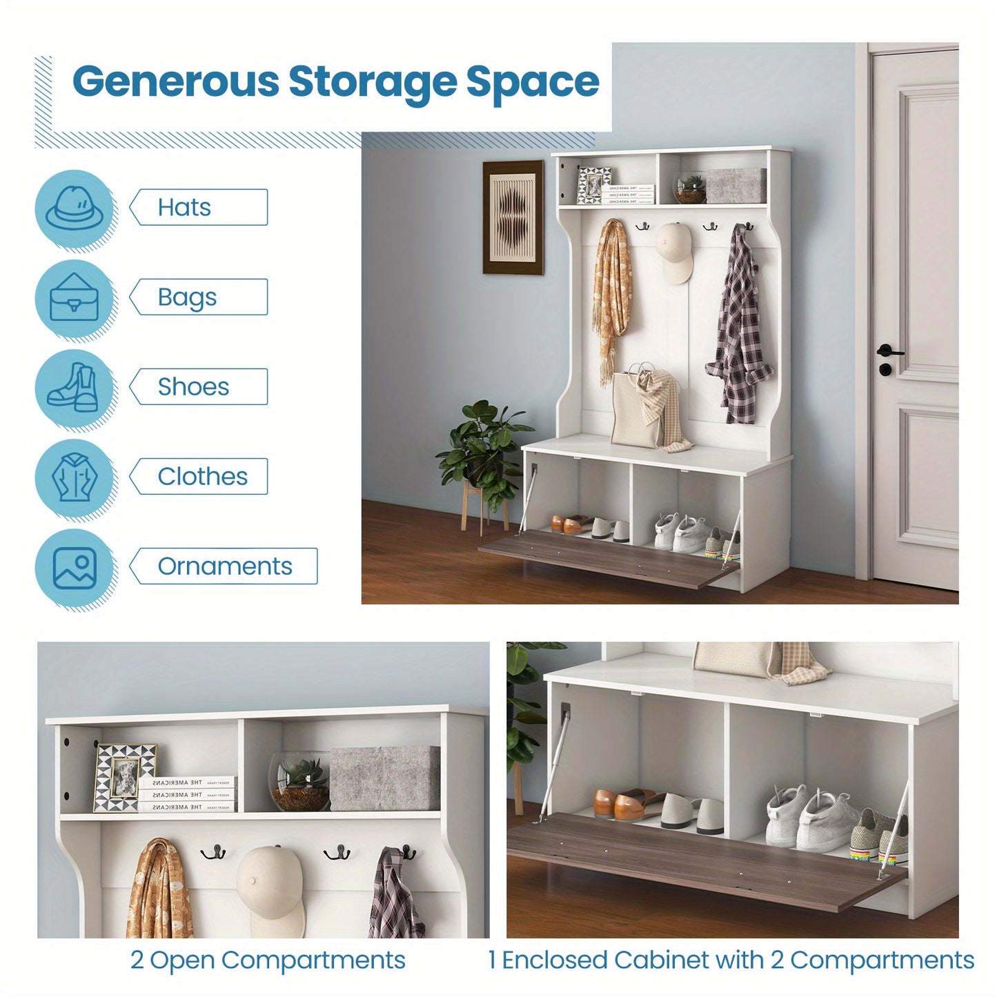Halmeubel – Kapstok – Opbergmeubel – Schoenenbank – Gangmeubel – Wit MDF – 5 Dubbele Haken – Antislip Zitbank 90 kg