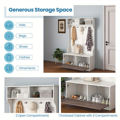 Halmeubel – Kapstok – Opbergmeubel – Schoenenbank – Gangmeubel – Wit MDF – 5 Dubbele Haken – Antislip Zitbank 90 kg