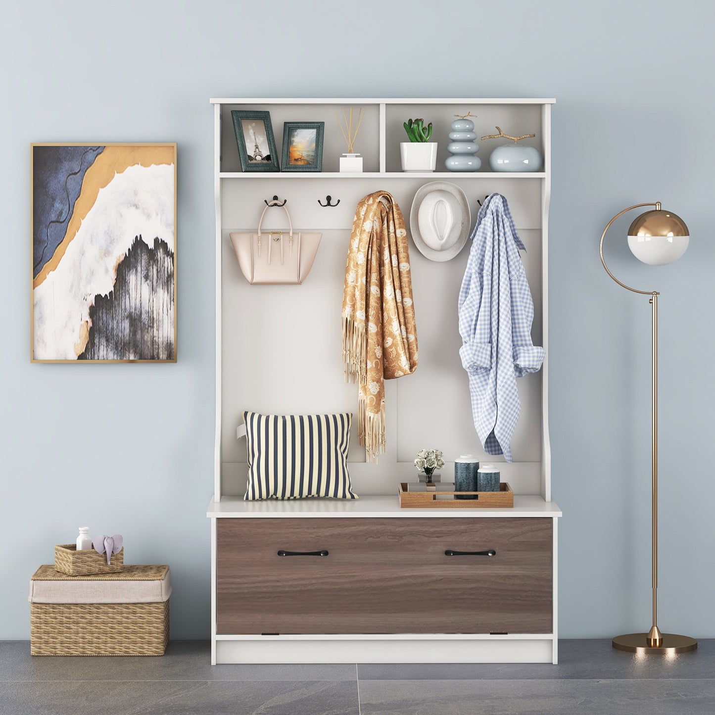 Halmeubel – Kapstok – Opbergmeubel – Schoenenbank – Gangmeubel – Wit MDF – 5 Dubbele Haken – Antislip Zitbank 90 kg