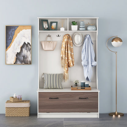 Halmeubel – Kapstok – Opbergmeubel – Schoenenbank – Gangmeubel – Wit MDF – 5 Dubbele Haken – Antislip Zitbank 90 kg