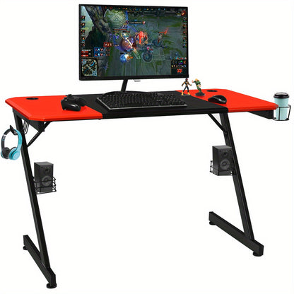 Gaming Bureau – Gaming Desk – Computertafel – Werktafel – Schrijftafel – Zwart Met Rood – Ruim MDF Tafelblad – Stevige Z-Vormige Metalen Poot