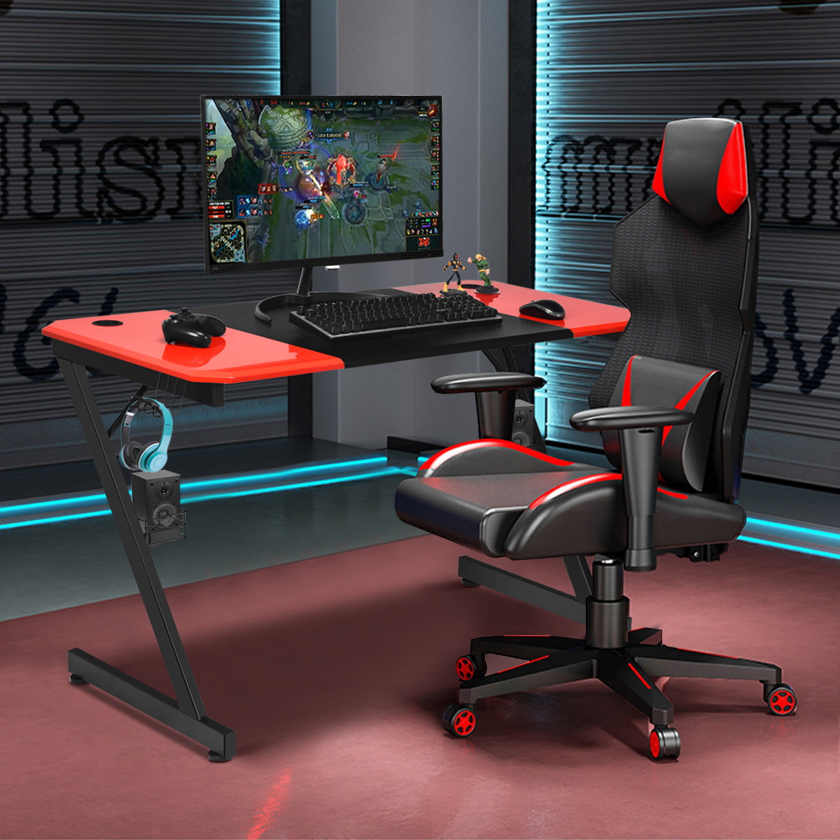 Gaming Bureau – Gaming Desk – Computertafel – Werktafel – Schrijftafel – Zwart Met Rood – Ruim MDF Tafelblad – Stevige Z-Vormige Metalen Poot