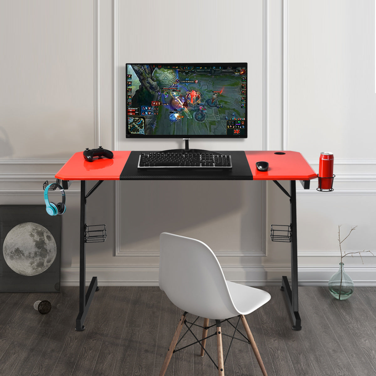 Gaming Bureau – Gaming Desk – Computertafel – Werktafel – Schrijftafel – Zwart Met Rood – Ruim MDF Tafelblad – Stevige Z-Vormige Metalen Poot