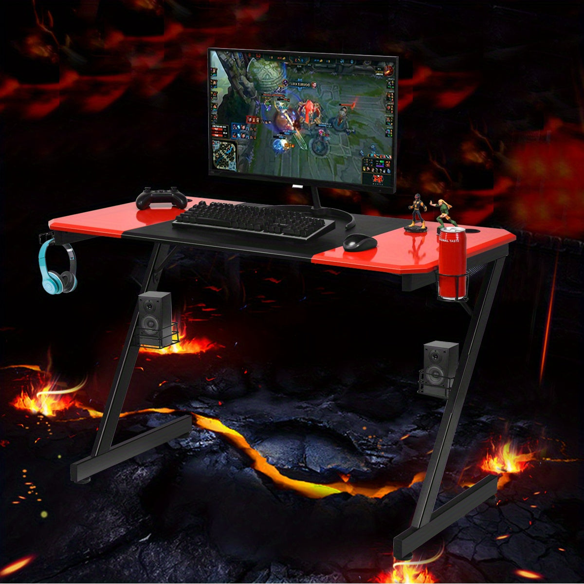 Gaming Bureau – Gaming Desk – Computertafel – Werktafel – Schrijftafel – Zwart Met Rood – Ruim MDF Tafelblad – Stevige Z-Vormige Metalen Poot