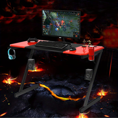 Gaming Bureau – Gaming Desk – Computertafel – Werktafel – Schrijftafel – Zwart Met Rood – Ruim MDF Tafelblad – Stevige Z-Vormige Metalen Poot