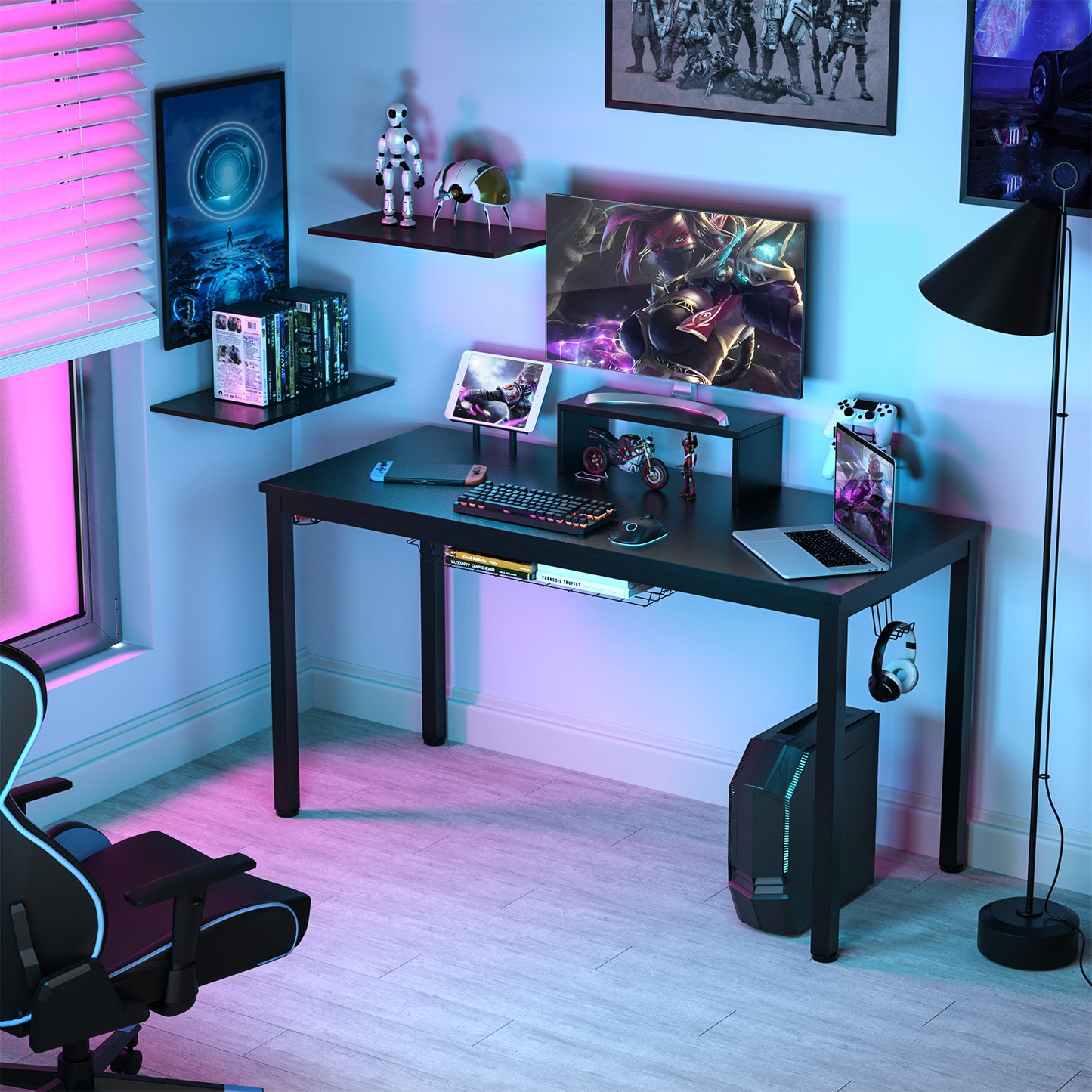 Gaming Desk – Gamer Bureau – Gamebureau – Computerbureau – Werkplek Bureau – Zwart – Ergonomische Monitorplank – Stevig Gepoedercoat Ijzer Frame
