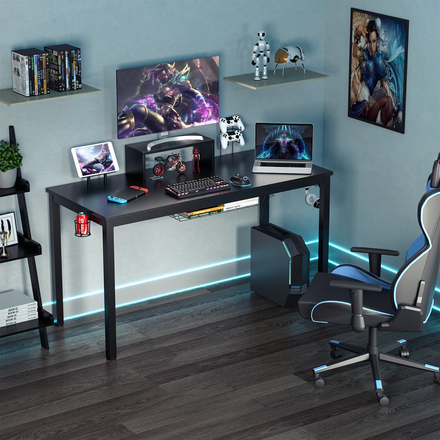 Gaming Desk – Gamer Bureau – Gamebureau – Computerbureau – Werkplek Bureau – Zwart – Ergonomische Monitorplank – Stevig Gepoedercoat Ijzer Frame
