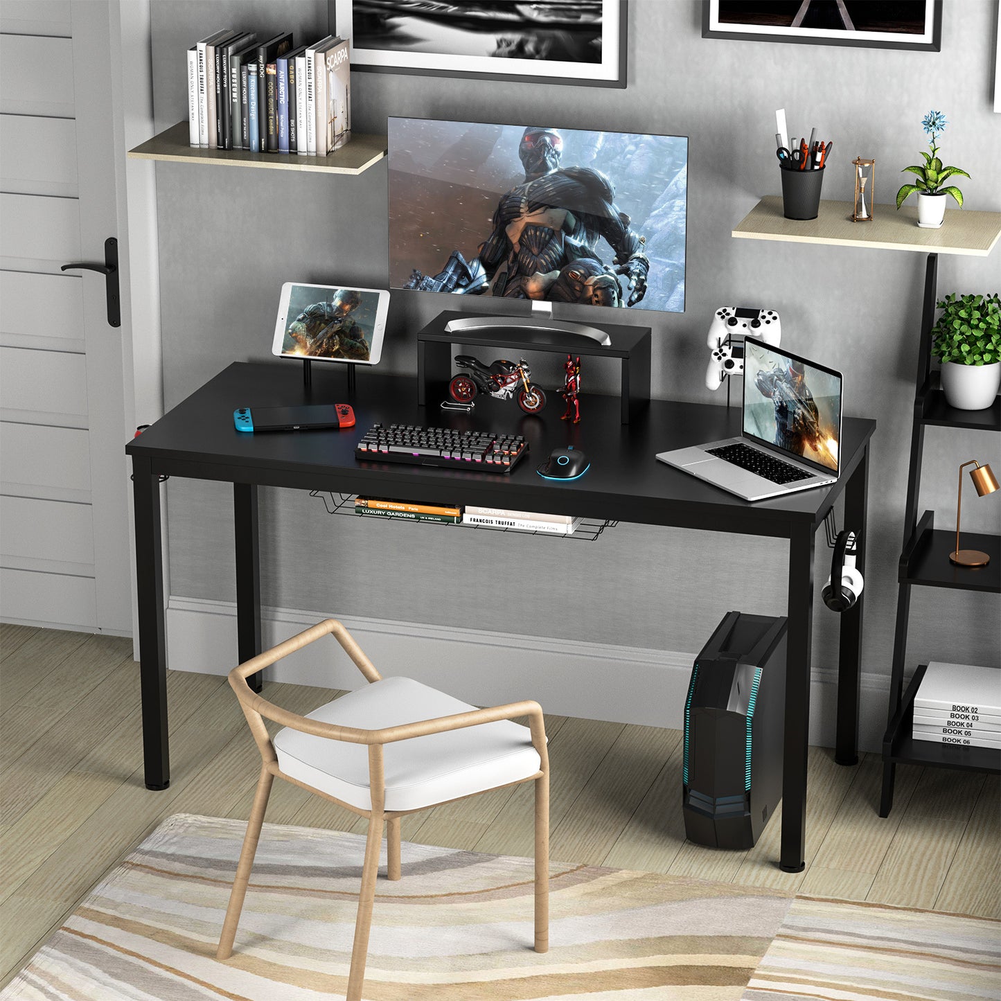 Gaming Desk – Gamer Bureau – Gamebureau – Computerbureau – Werkplek Bureau – Zwart – Ergonomische Monitorplank – Stevig Gepoedercoat Ijzer Frame