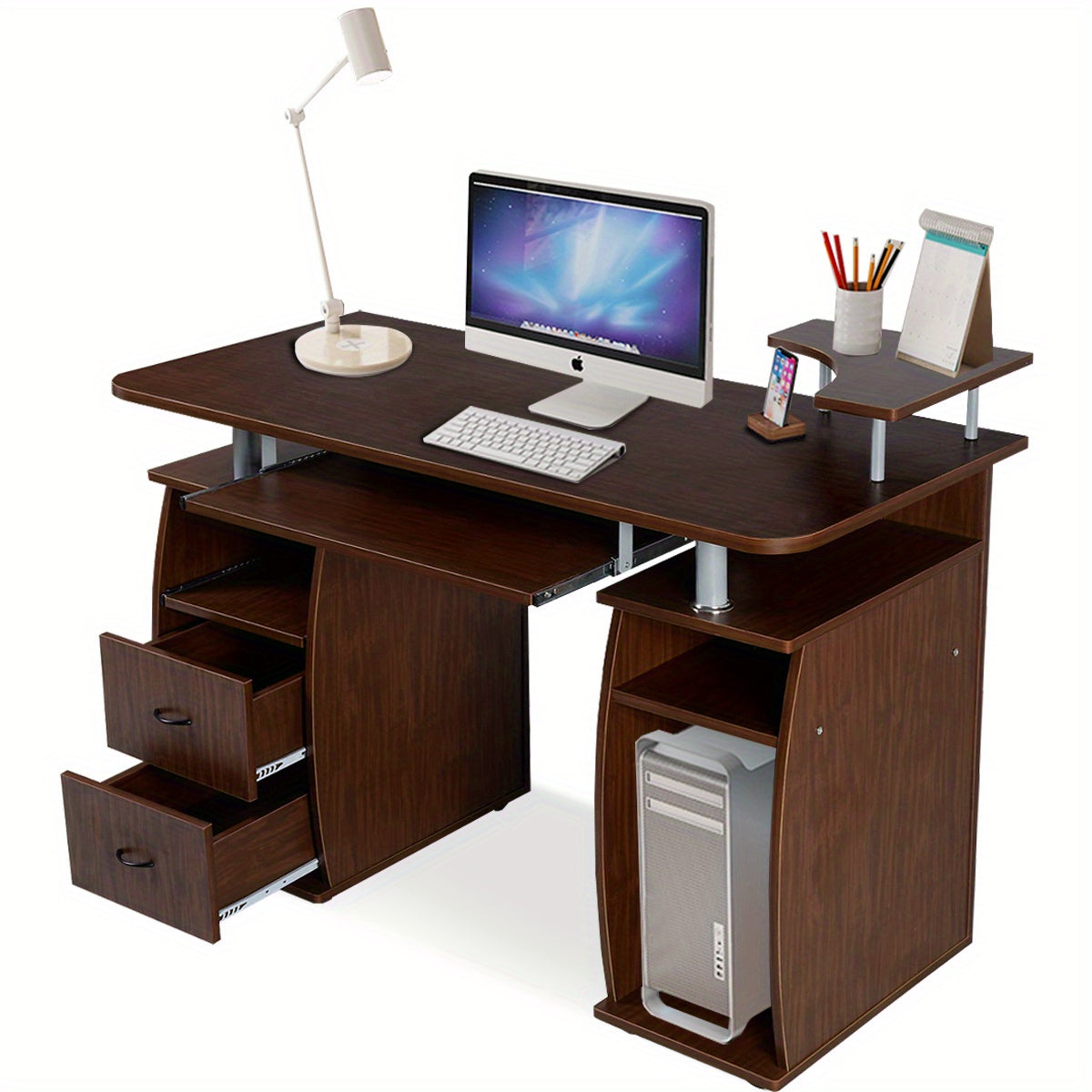 Bureau – Computertafel – Werkplektafel – Bureautafel – Schrijftafel – MDF Metalen Frame – Toetsenbordlade en Printervak – 120 x 55 cm Bruin