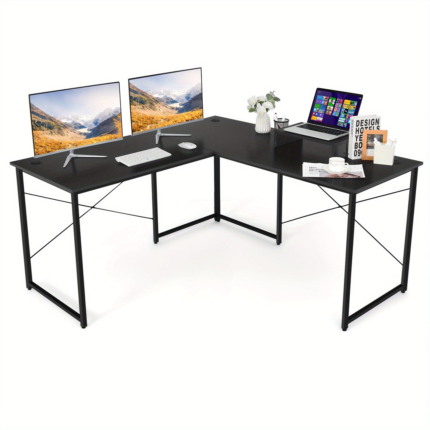 Hoekbureau – Computerbureau – L-vormig Bureau – Gamebureau – Bureautafel – Zwart – Robuust Staal – Verstelbare Voeten – 150x150 cm