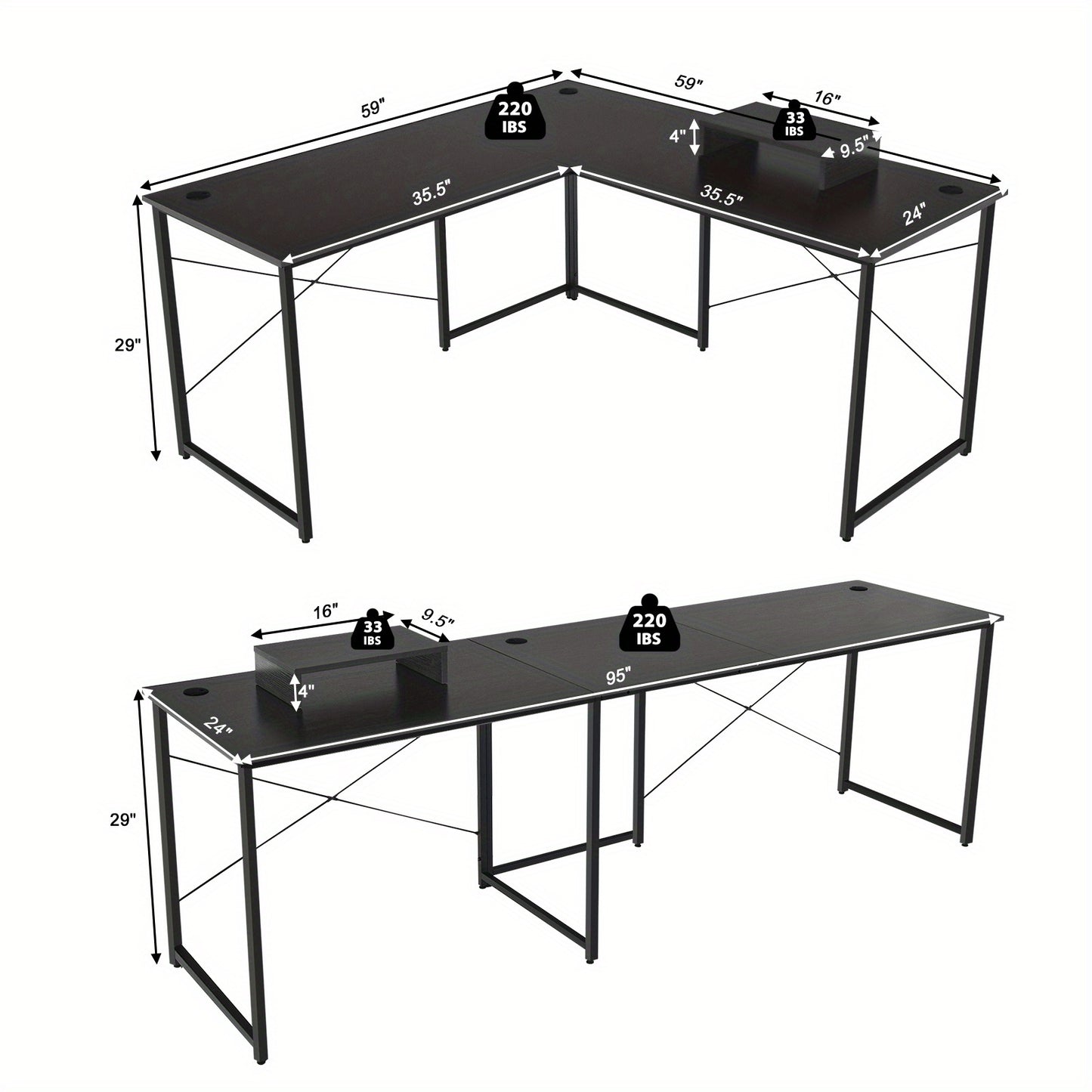 Hoekbureau – Computerbureau – L-vormig Bureau – Gamebureau – Bureautafel – Zwart – Robuust Staal – Verstelbare Voeten – 150x150 cm