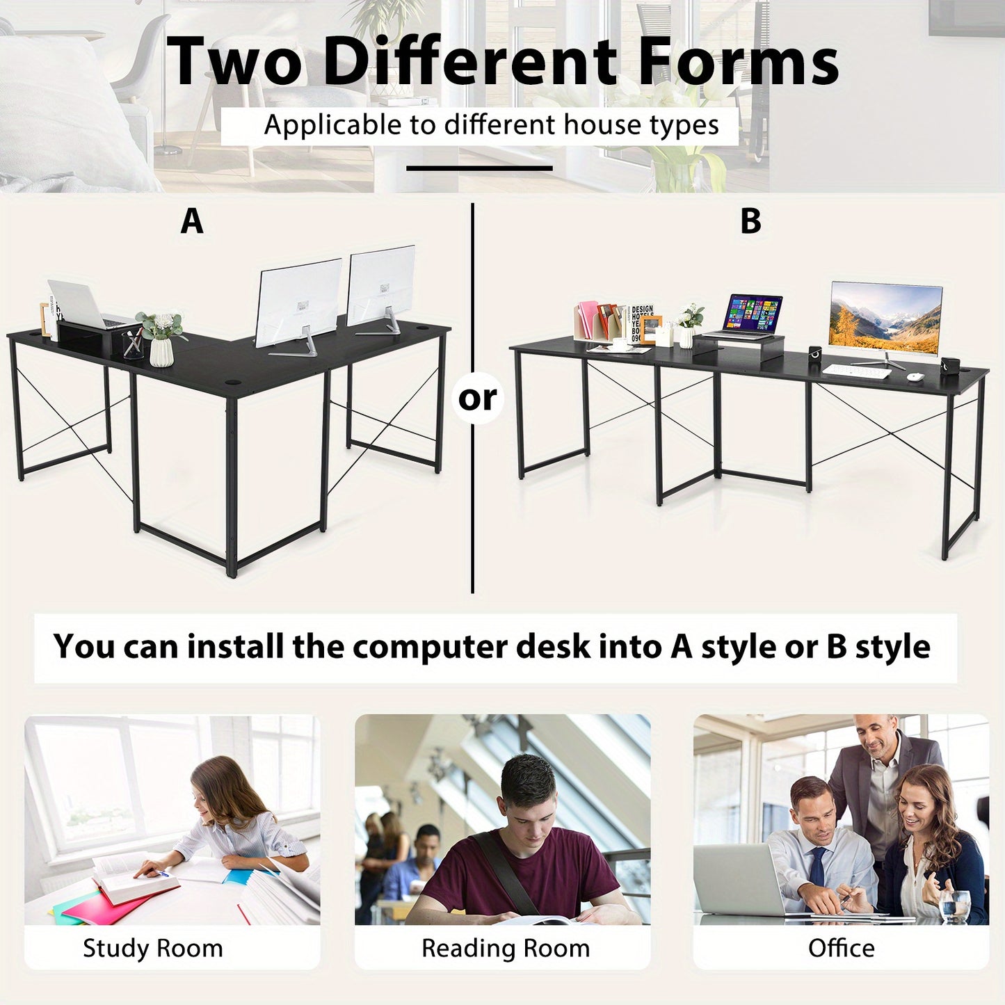 Hoekbureau – Computerbureau – L-vormig Bureau – Gamebureau – Bureautafel – Zwart – Robuust Staal – Verstelbare Voeten – 150x150 cm