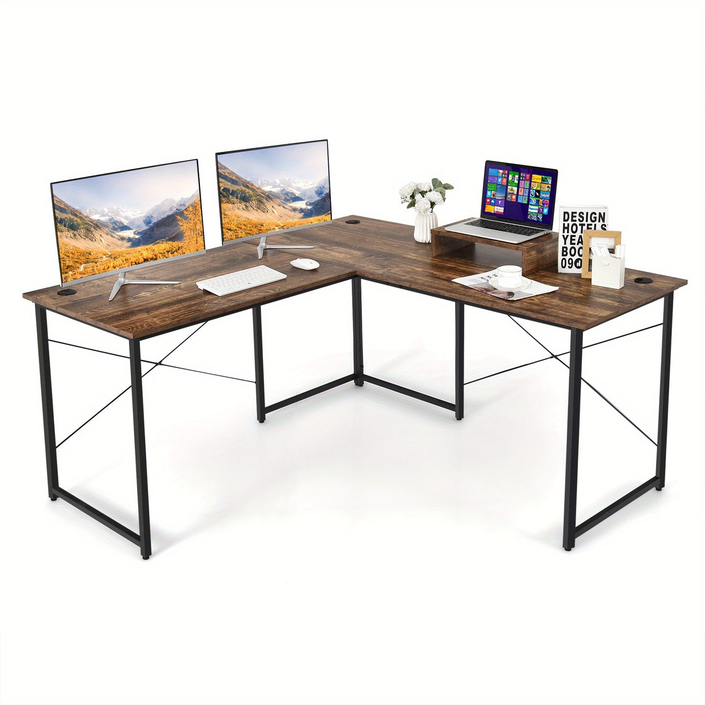 Hoekbureau – L-vormig bureau – Computerbureau – Gamingbureau – Thuiswerkbureau – Omkeerbaar ontwerp – Monitorstandaard – 3 Kabeldoorvoeren – 150x150x74 cm – Robuust staalframe – Kras- en watervast houtfineer