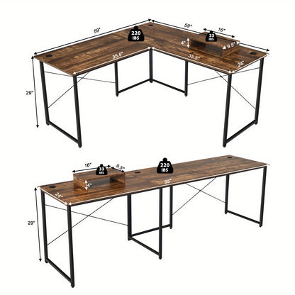 Hoekbureau – L-vormig bureau – Computerbureau – Gamingbureau – Thuiswerkbureau – Omkeerbaar ontwerp – Monitorstandaard – 3 Kabeldoorvoeren – 150x150x74 cm – Robuust staalframe – Kras- en watervast houtfineer