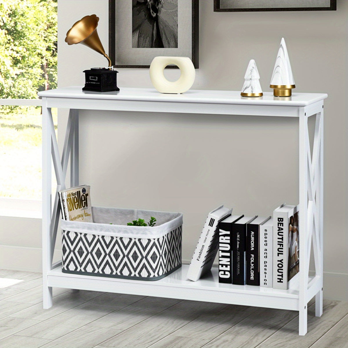 Sidetable – Consoletafel – Wandtafel – Haltafel – Bijzettafel – Wit MDF – 2-laags met X-Design – Stabiel en Functioneel