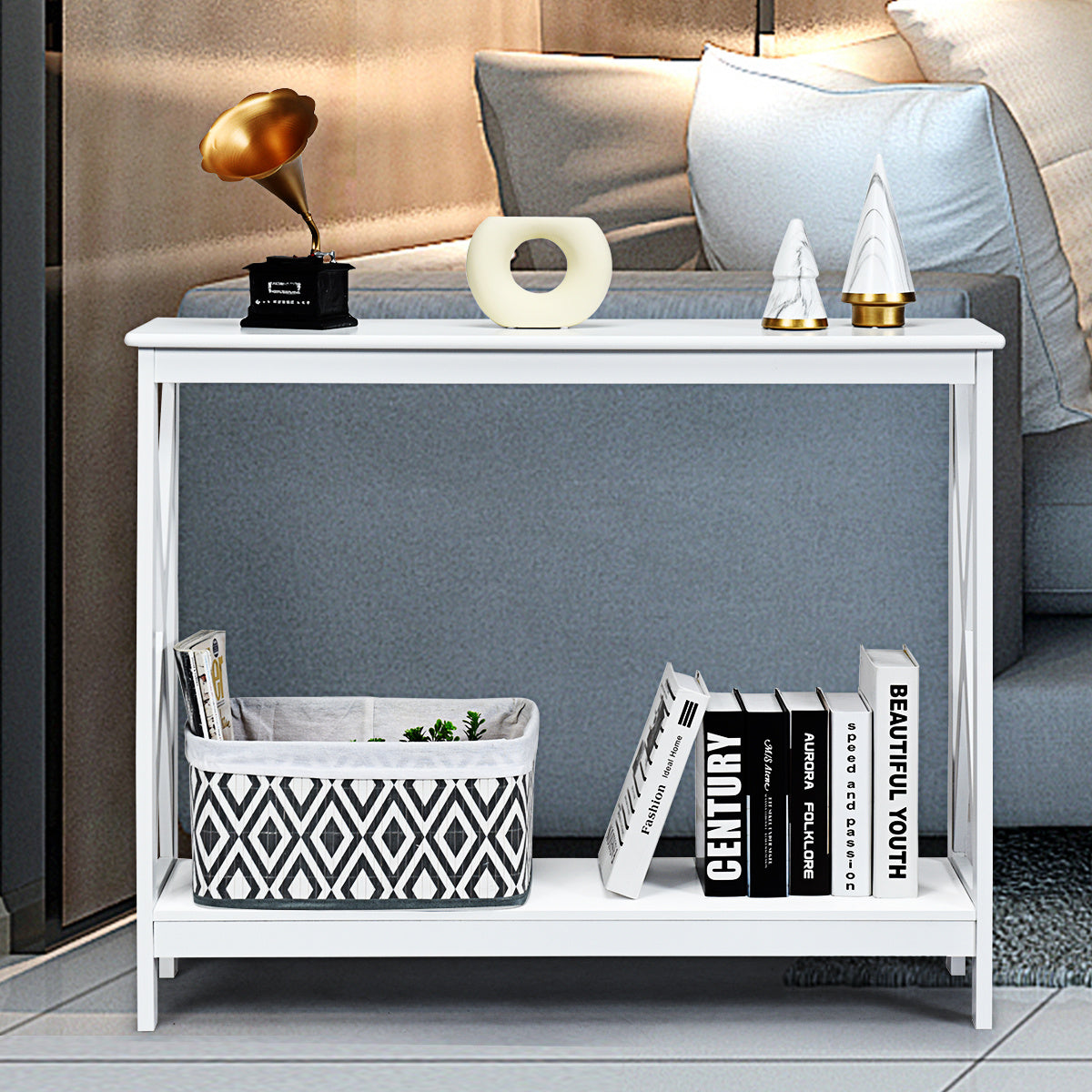 Sidetable – Consoletafel – Wandtafel – Haltafel – Bijzettafel – Wit MDF – 2-laags met X-Design – Stabiel en Functioneel