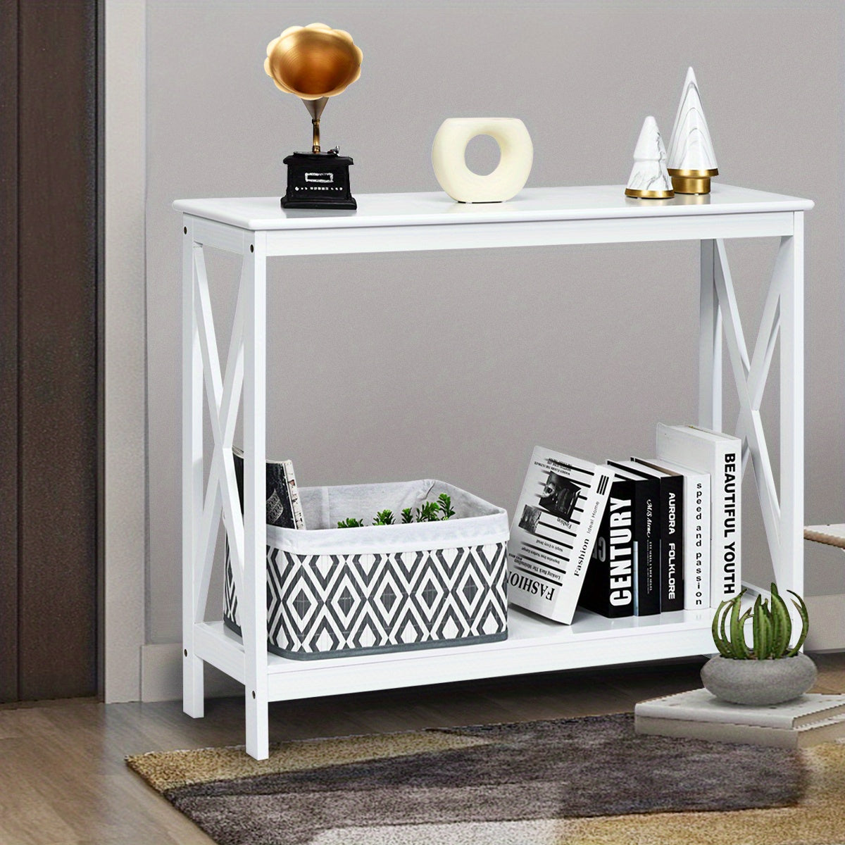 Sidetable – Consoletafel – Wandtafel – Haltafel – Bijzettafel – Wit MDF – 2-laags met X-Design – Stabiel en Functioneel