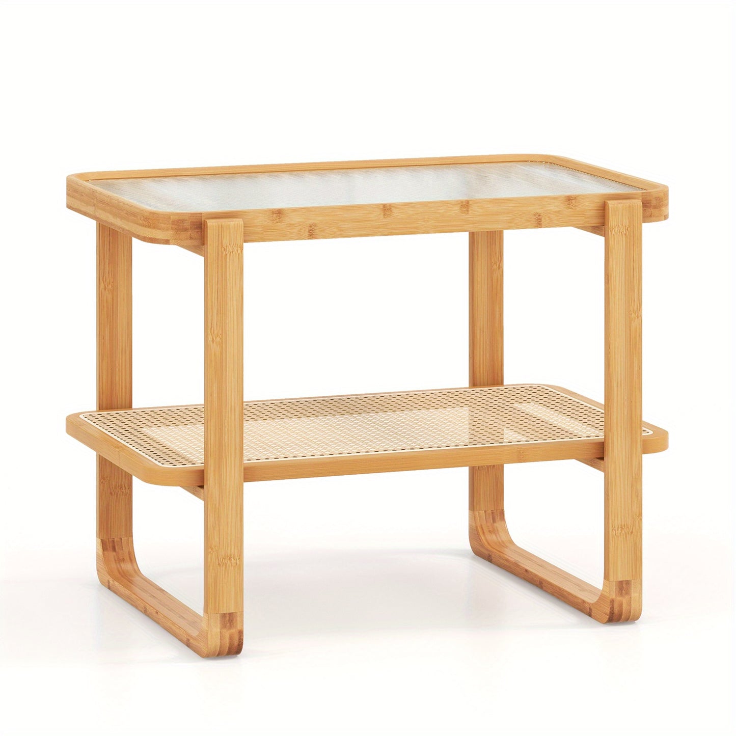 Salontafel – Bijzettafel – Koffietafel – Nachtkastje – Side Table – Bamboe Frame – Afneembaar Glazen Blad – Rattan Plank – 70,5 x 44,5 x 54,5 cm