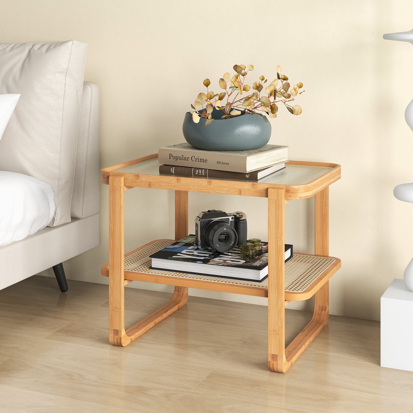 Salontafel – Bijzettafel – Koffietafel – Nachtkastje – Side Table – Bamboe Frame – Afneembaar Glazen Blad – Rattan Plank – 70,5 x 44,5 x 54,5 cm