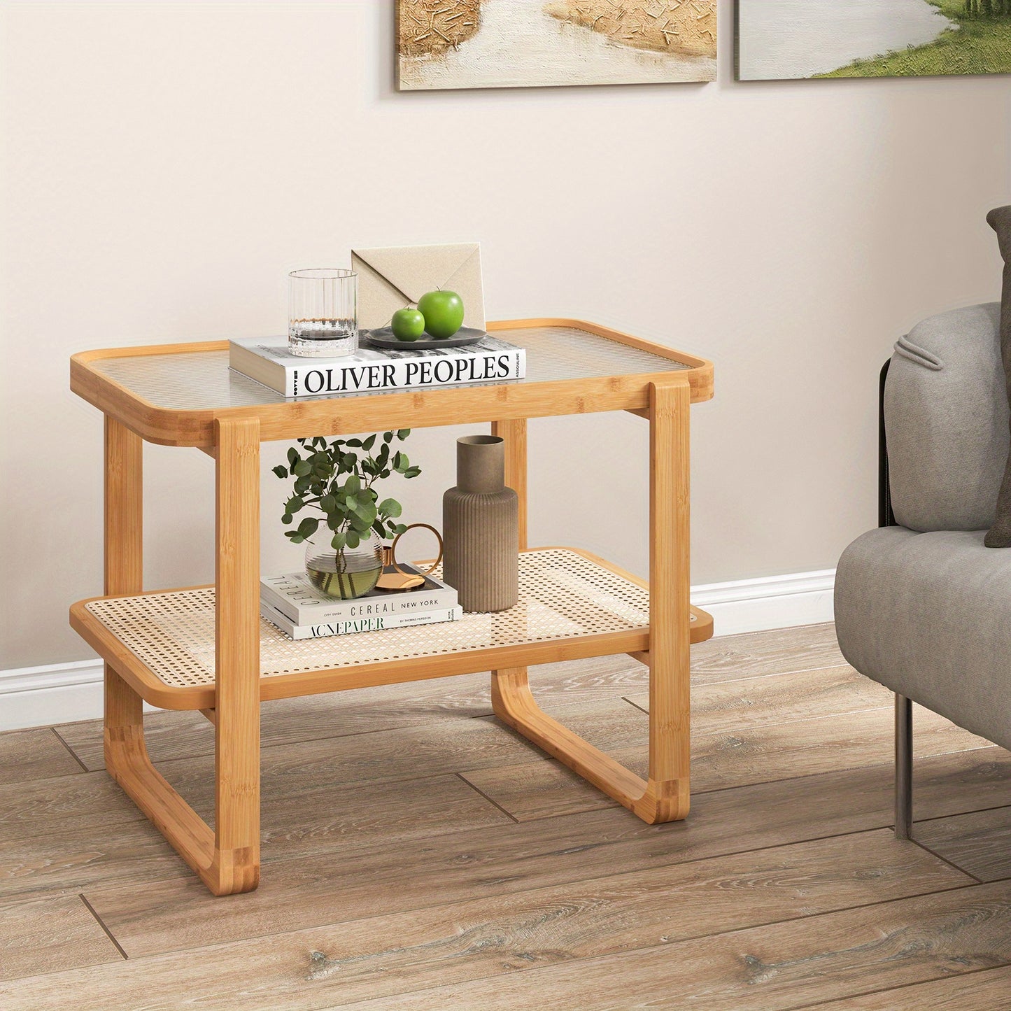 Salontafel – Bijzettafel – Koffietafel – Nachtkastje – Side Table – Bamboe Frame – Afneembaar Glazen Blad – Rattan Plank – 70,5 x 44,5 x 54,5 cm