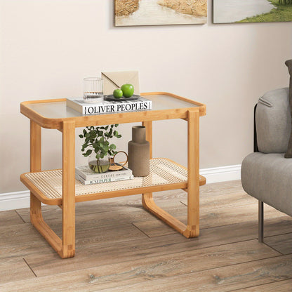 Salontafel – Bijzettafel – Koffietafel – Nachtkastje – Side Table – Bamboe Frame – Afneembaar Glazen Blad – Rattan Plank – 70,5 x 44,5 x 54,5 cm