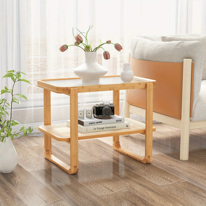 Salontafel – Bijzettafel – Koffietafel – Nachtkastje – Side Table – Bamboe Frame – Afneembaar Glazen Blad – Rattan Plank – 70,5 x 44,5 x 54,5 cm
