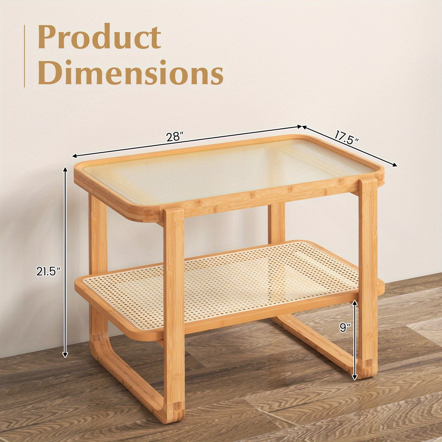 Salontafel – Bijzettafel – Koffietafel – Nachtkastje – Side Table – Bamboe Frame – Afneembaar Glazen Blad – Rattan Plank – 70,5 x 44,5 x 54,5 cm