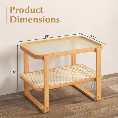 Salontafel – Bijzettafel – Koffietafel – Nachtkastje – Side Table – Bamboe Frame – Afneembaar Glazen Blad – Rattan Plank – 70,5 x 44,5 x 54,5 cm