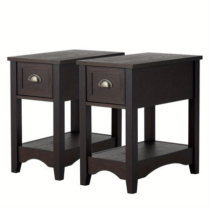 Sidetable – Wandtafel – Haltafel – Bijzettafel – Nachtkastje – 2-Delige Set Met Lade En Plank – Compact Smal Design Walnoot