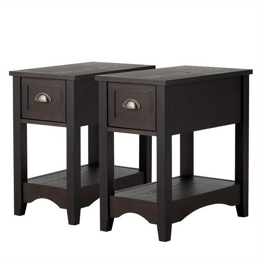 Sidetable – Wandtafel – Haltafel – Bijzettafel – Nachtkastje – 2-Delige Set Met Lade En Plank – Compact Smal Design Walnoot