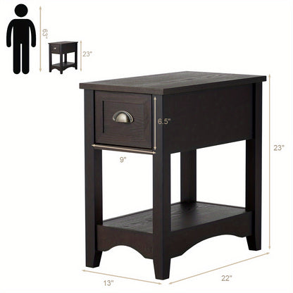 Sidetable – Wandtafel – Haltafel – Bijzettafel – Nachtkastje – 2-Delige Set Met Lade En Plank – Compact Smal Design Walnoot