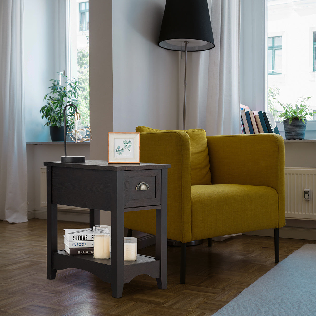 Sidetable – Wandtafel – Haltafel – Bijzettafel – Nachtkastje – 2-Delige Set Met Lade En Plank – Compact Smal Design Walnoot