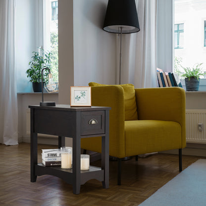 Sidetable – Wandtafel – Haltafel – Bijzettafel – Nachtkastje – 2-Delige Set Met Lade En Plank – Compact Smal Design Walnoot