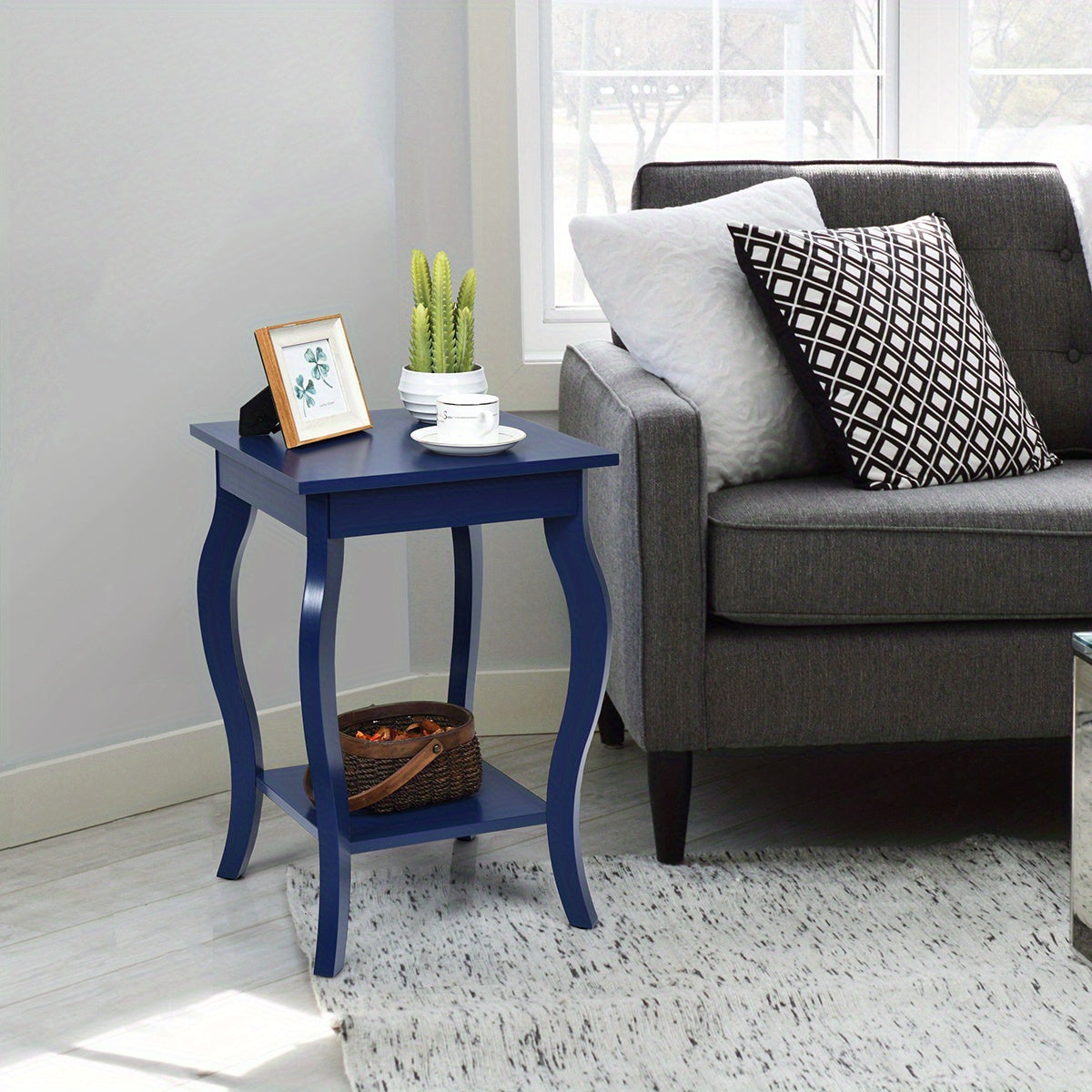 Nachtkastje – Bijzettafel – Side table – Laptoptafel – Industrieel tafeltje – Houten 2-laags design – Compact 40x40x60 cm – Robuust MDF en massief hout – Blauw