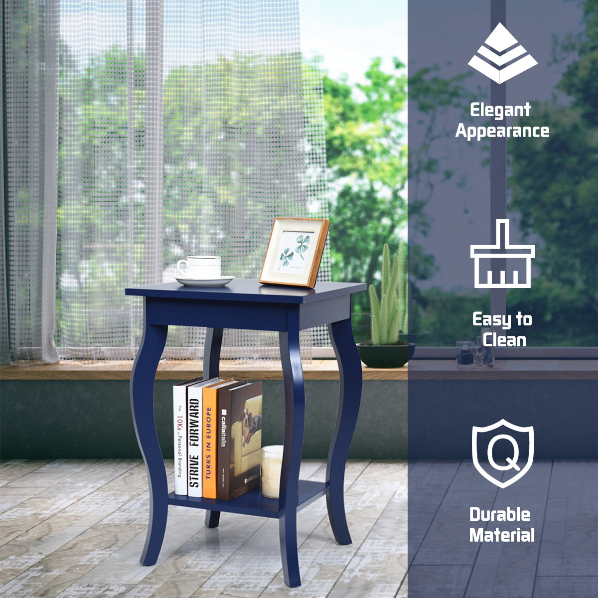 Nachtkastje – Bijzettafel – Side table – Laptoptafel – Industrieel tafeltje – Houten 2-laags design – Compact 40x40x60 cm – Robuust MDF en massief hout – Blauw