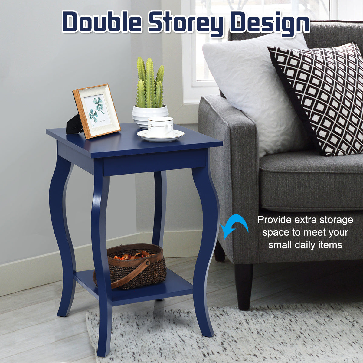 Nachtkastje – Bijzettafel – Side table – Laptoptafel – Industrieel tafeltje – Houten 2-laags design – Compact 40x40x60 cm – Robuust MDF en massief hout – Blauw