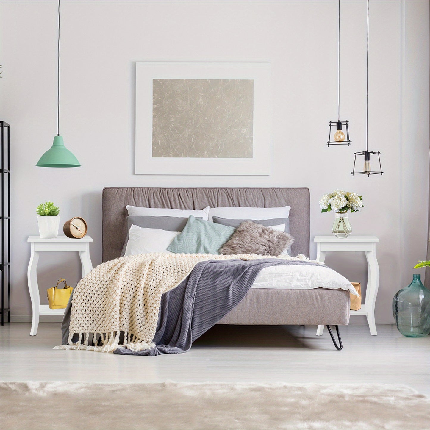 Wit Nachtkastje – Bijzettafel – Opbergkastje – Bedkastje – Houten Nachtkastje – Dubbele Open Planken – Compact Ruimtebesparend Design