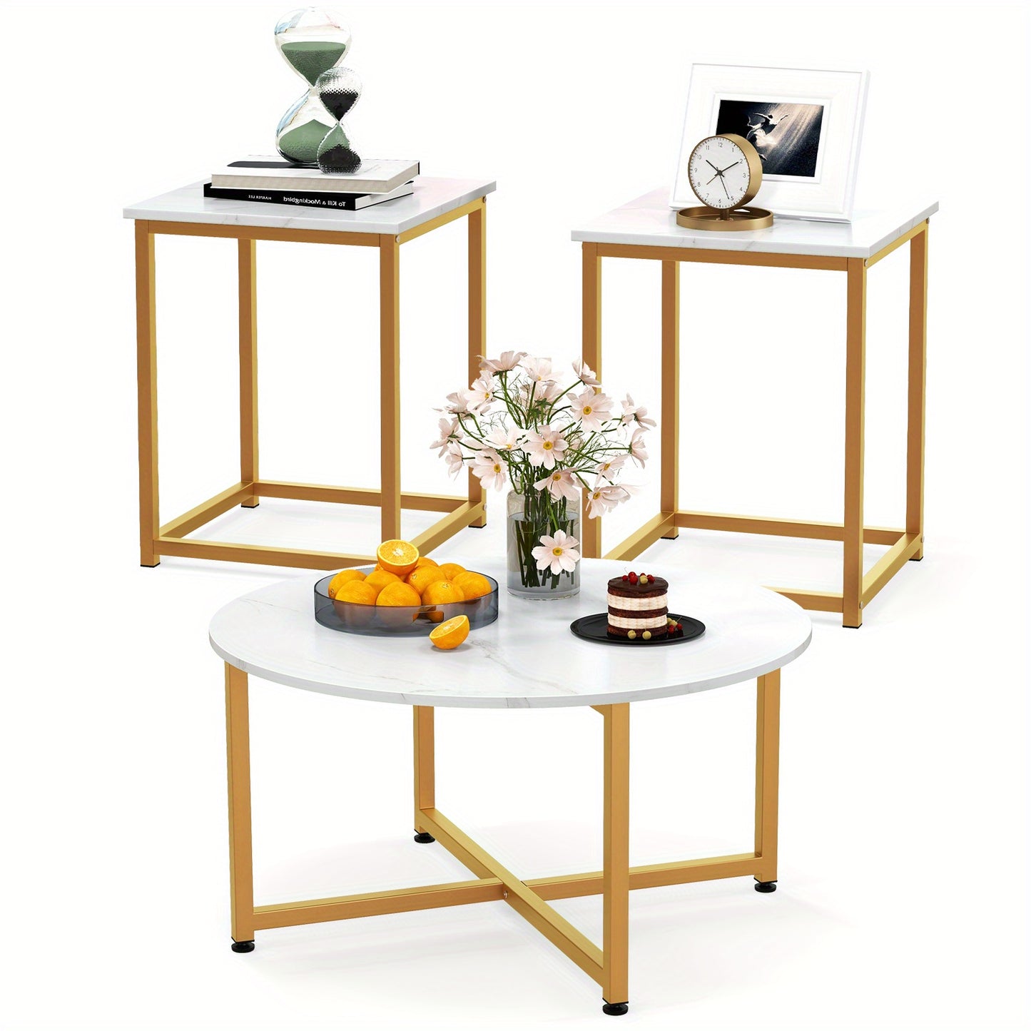 3-Delige Salontafelset – Koffietafel – Bijzettafel – Woonkamertafel – Slaapkamertafel – Wit – Metalen Frame – Ruimtebesparend Uitschuifbaar