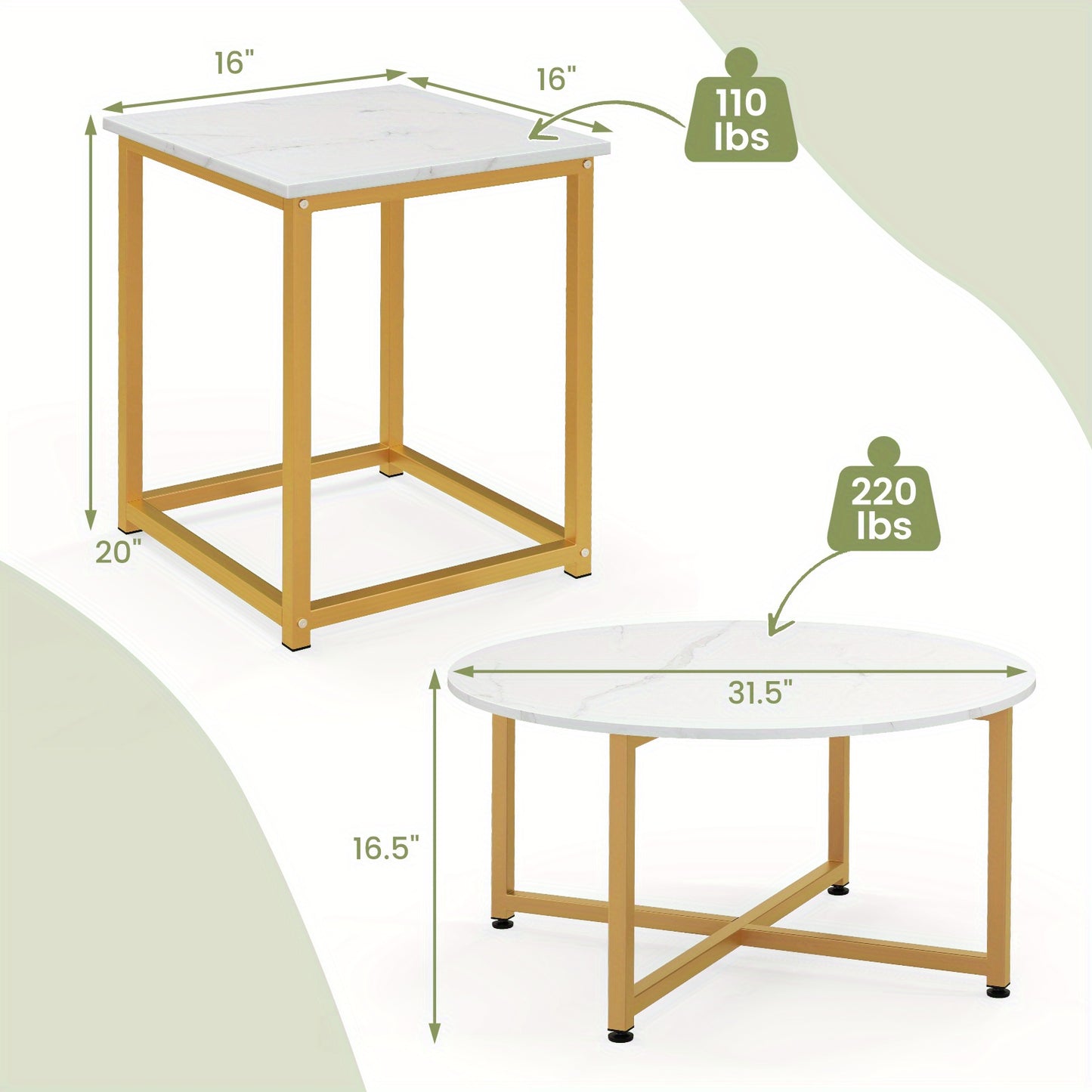 3-Delige Salontafelset – Koffietafel – Bijzettafel – Woonkamertafel – Slaapkamertafel – Wit – Metalen Frame – Ruimtebesparend Uitschuifbaar