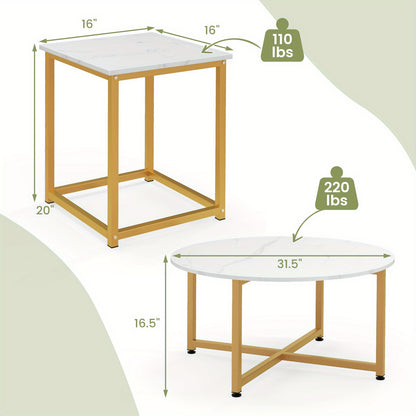 3-Delige Salontafelset – Koffietafel – Bijzettafel – Woonkamertafel – Slaapkamertafel – Wit – Metalen Frame – Ruimtebesparend Uitschuifbaar