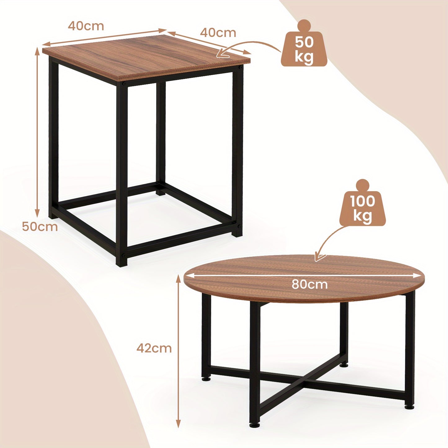 Salontafel – Koffietafel – Bijzettafel – Woonkamertafel – Tafeltje – Metaal & MDF – Set van 3 met Walnootlook – Ronde en Vierkante Tafels