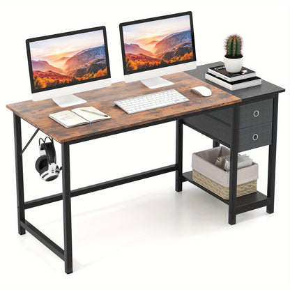 Bureau – Computertafel – Hoekbureau – Gamebureau – Werkplek – Rustiek Bruin – MDF & Metaal – 140 cm Breed Werkblad – 2 Uittrekbare Lades